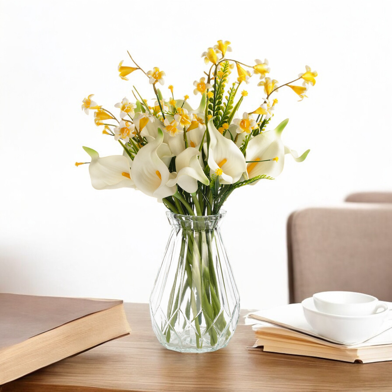 13" Mixed Real Touch Calla Lily Flower with Filler in Glass Vase