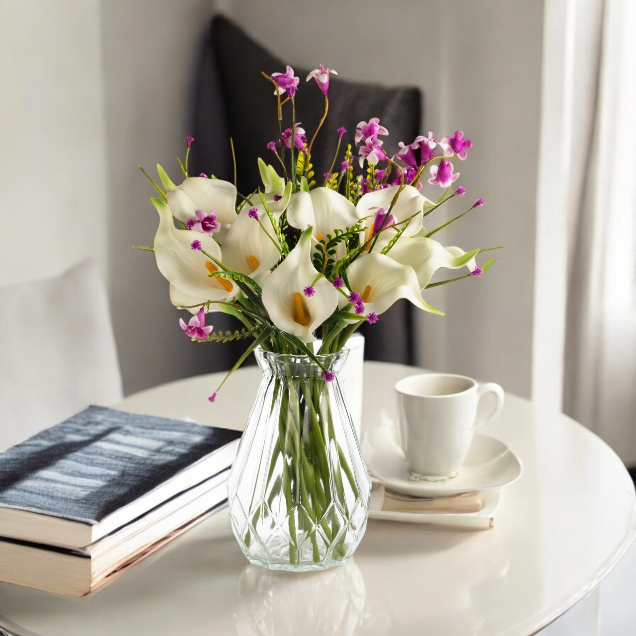 13" Mixed Real Touch Calla Lily Flower with Filler in Glass Vase