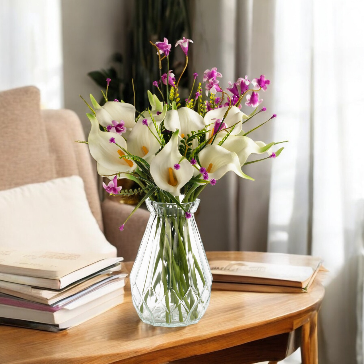 13" Mixed Real Touch Calla Lily Flower with Filler in Glass Vase