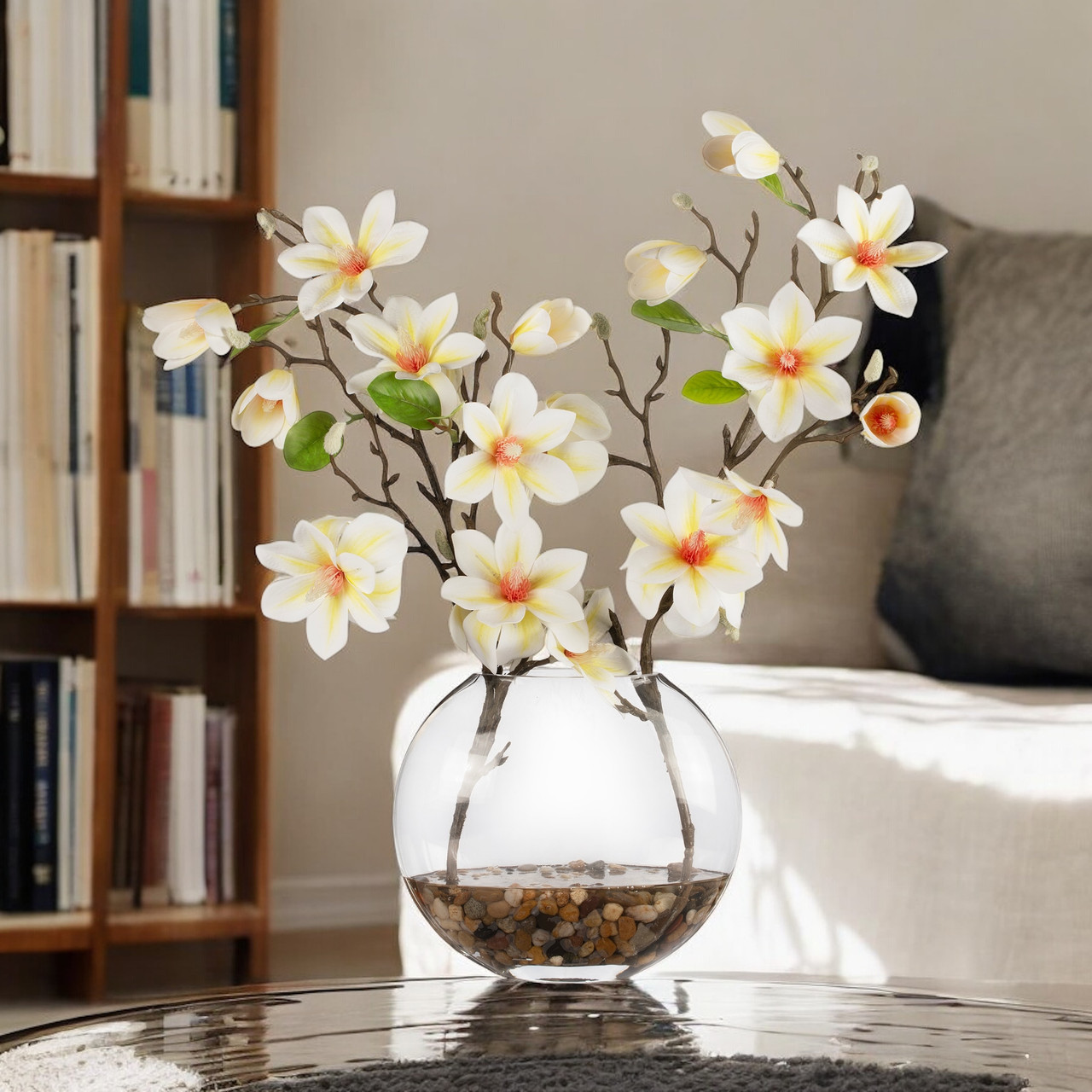 Real Touch Magnolia Flower Arrangement in Glass Vase with Faux Water