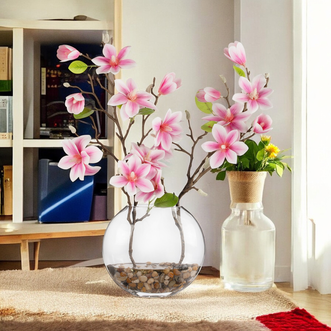 Real Touch Magnolia Flower Arrangement in Glass Vase with Faux Water