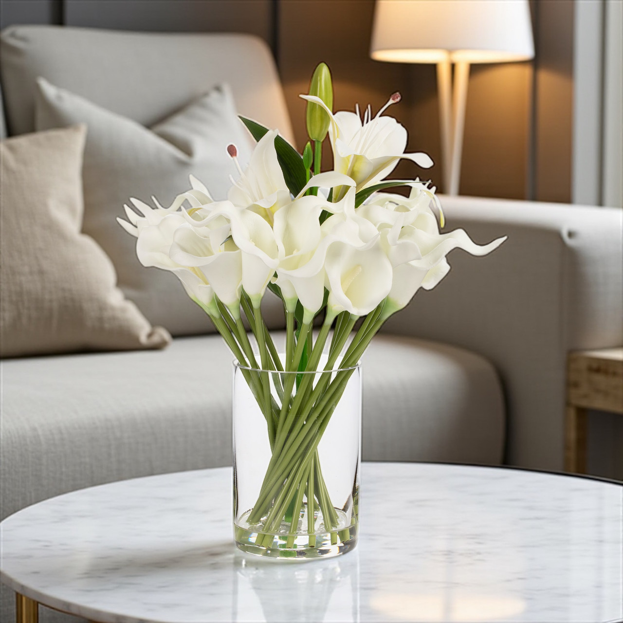 Artificial Real Touch Lily Flower Arrangement in Clear Glass Vase with Faux Water