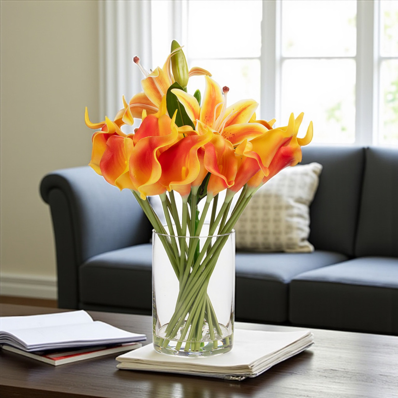 Artificial Real Touch Lily Flower Arrangement in Clear Glass Vase with Faux Water