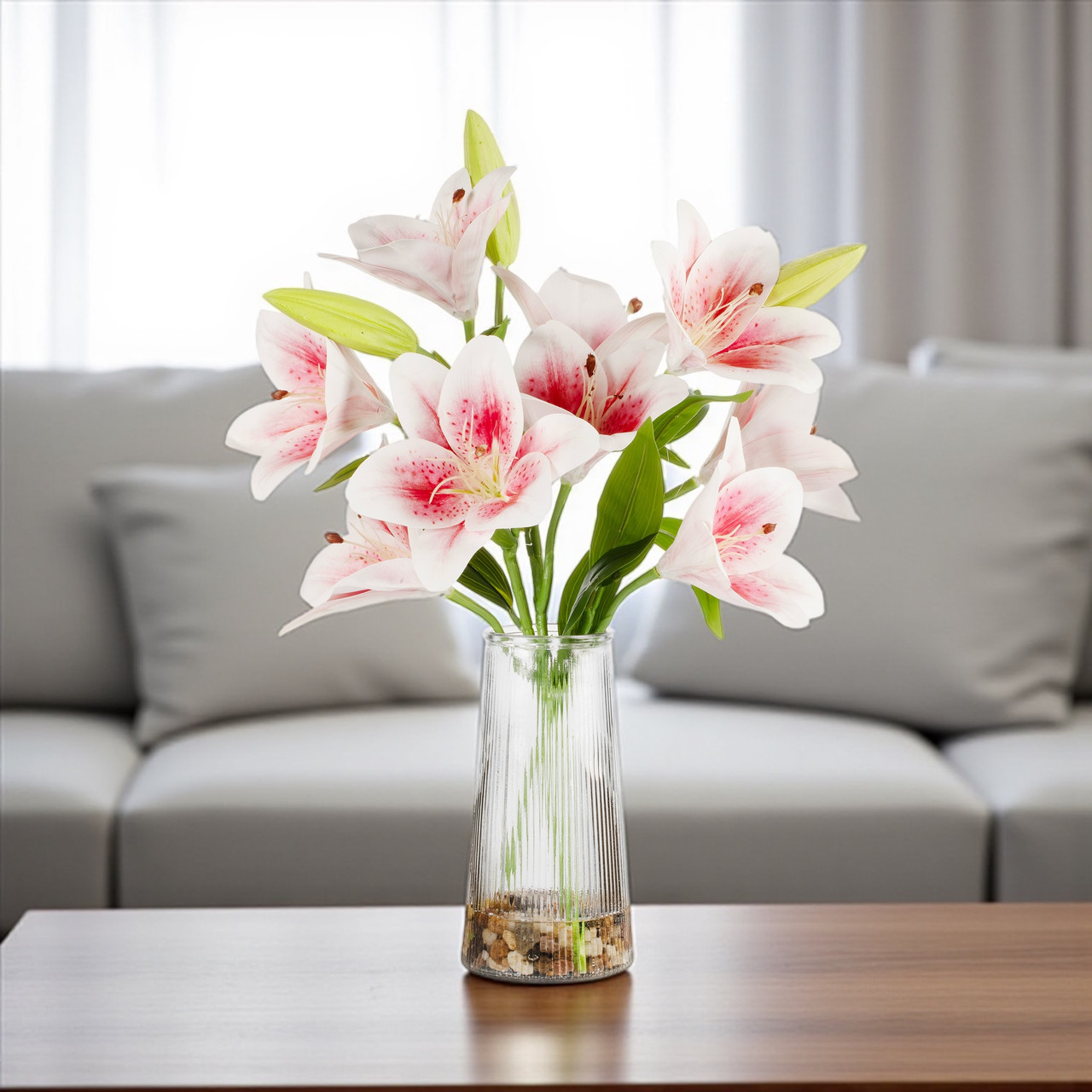 Real Touch Tiger Lily Flower Arrangement in Clear Glass Vase with Faux Water