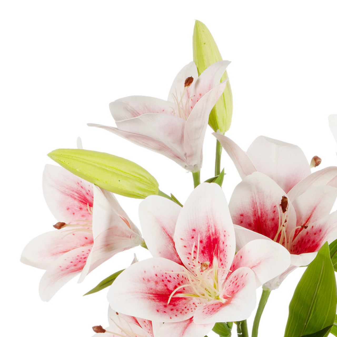 Detailed close-up of pink artificial tiger lily blooms with soft petals, natural veining, and lifelike buds for realistic floral décor.