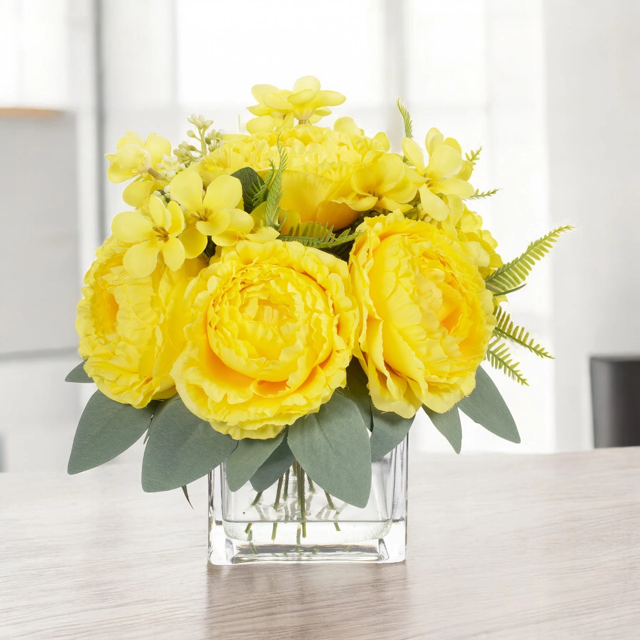 Artificial Peony Flower Arrangement in Glass Vase with Faux Water