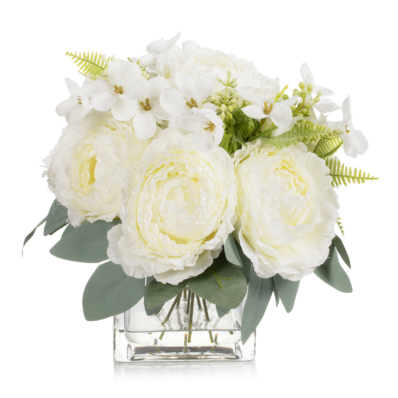 Artificial Peony Flower Arrangement in Glass Vase with Faux Water