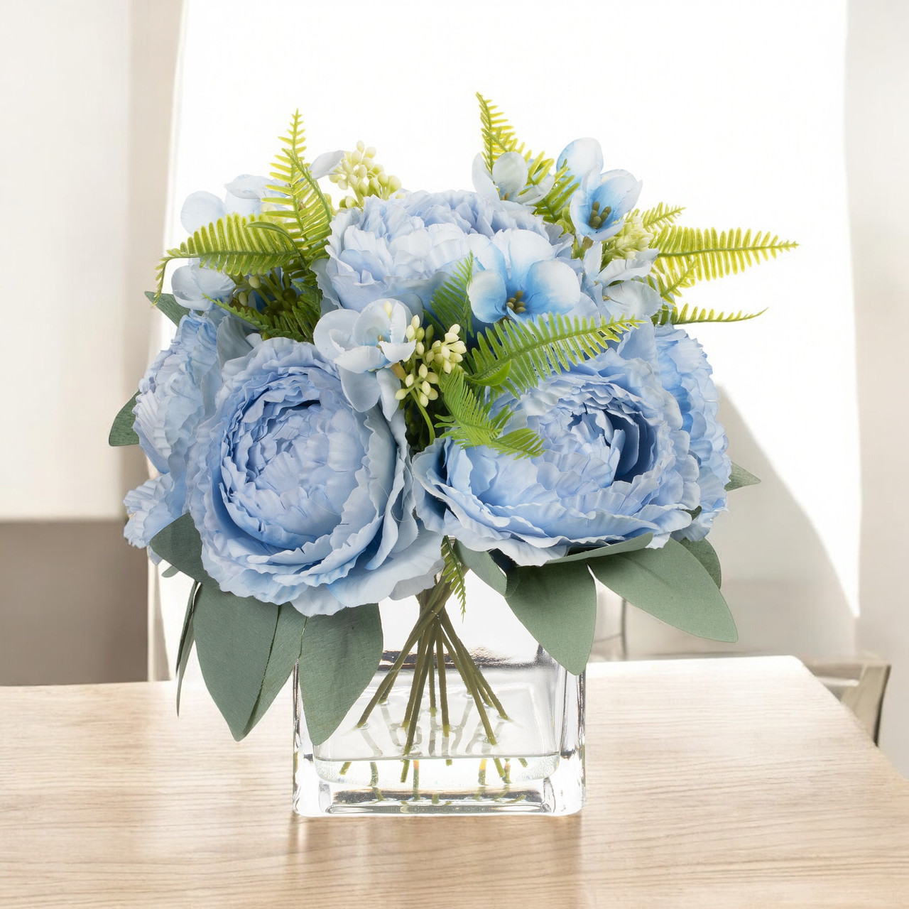 Artificial Peony Flower Arrangement in Glass Vase with Faux Water