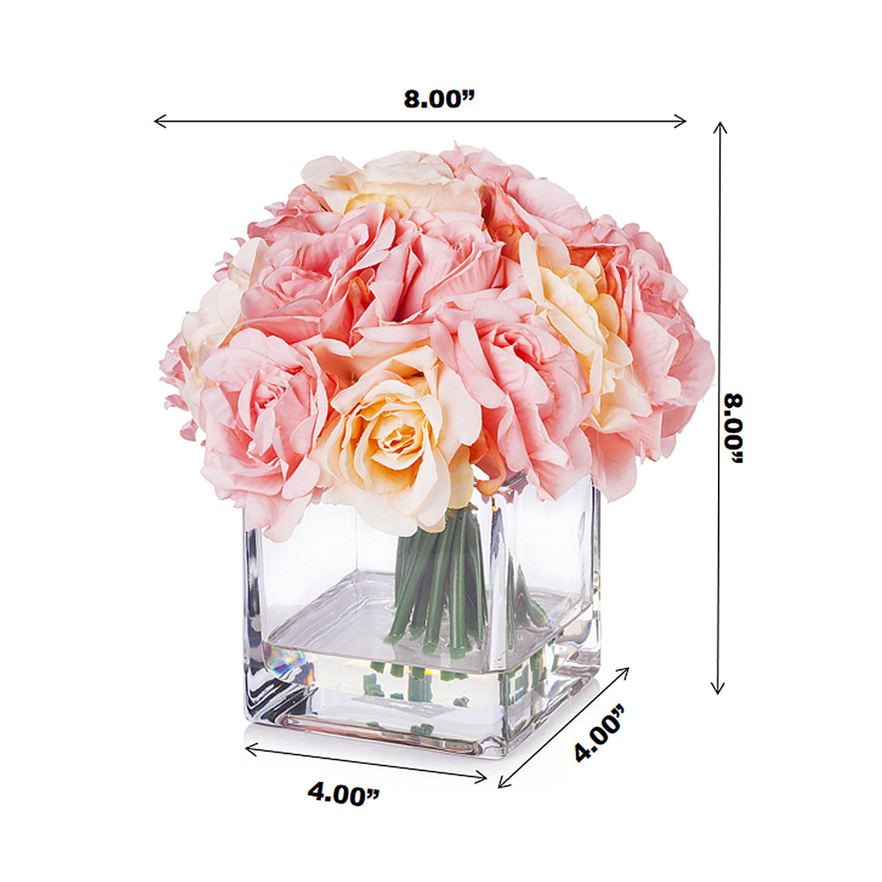 18 Pieces Artificial Roses Flower Arrangement in Cube Glass Vase (New) — Available in 4 Colors