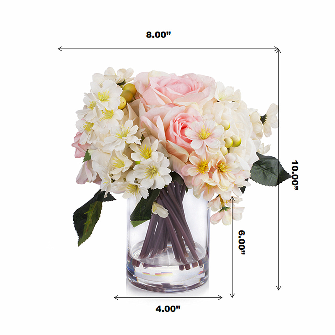 Mixed Artificial Rose Flower Arrangement in Clear Glass Vase (New) — Available in 2 Colors
