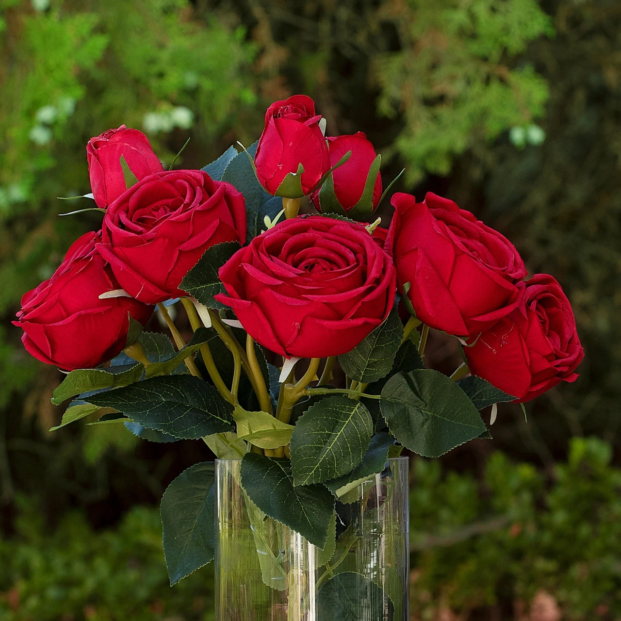 13" Artificial Silk Rose Flowers in Glass Vase with Faux Water (New) — Available in 6 Colors