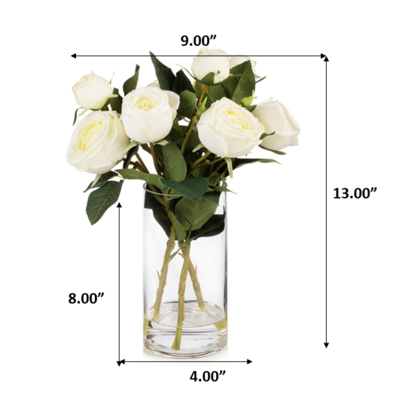 13" Artificial Silk Rose Flowers in Glass Vase with Faux Water (New) — Available in 6 Colors