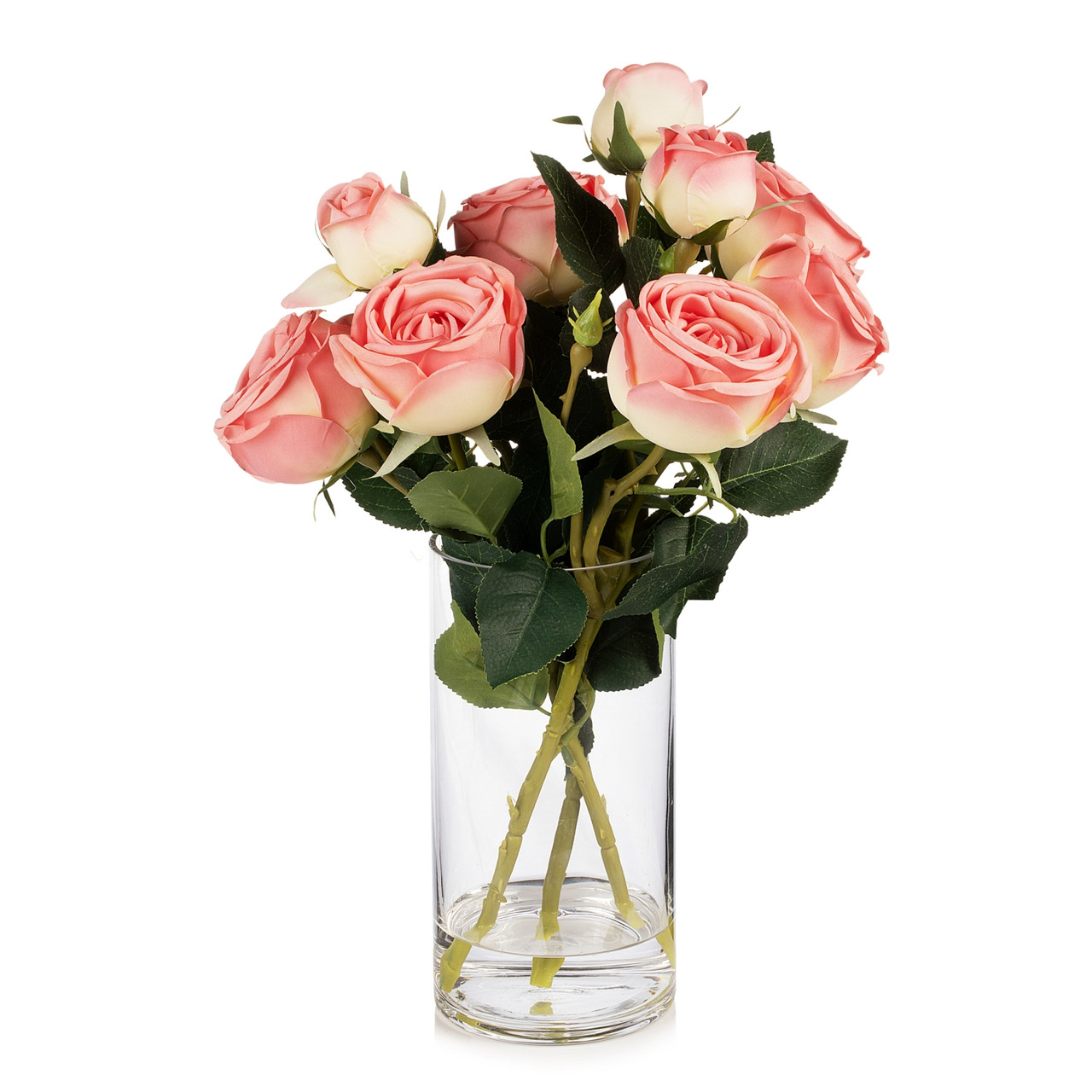 13" Artificial Silk Rose Flowers in Glass Vase with Faux Water (New) — Available in 6 Colors