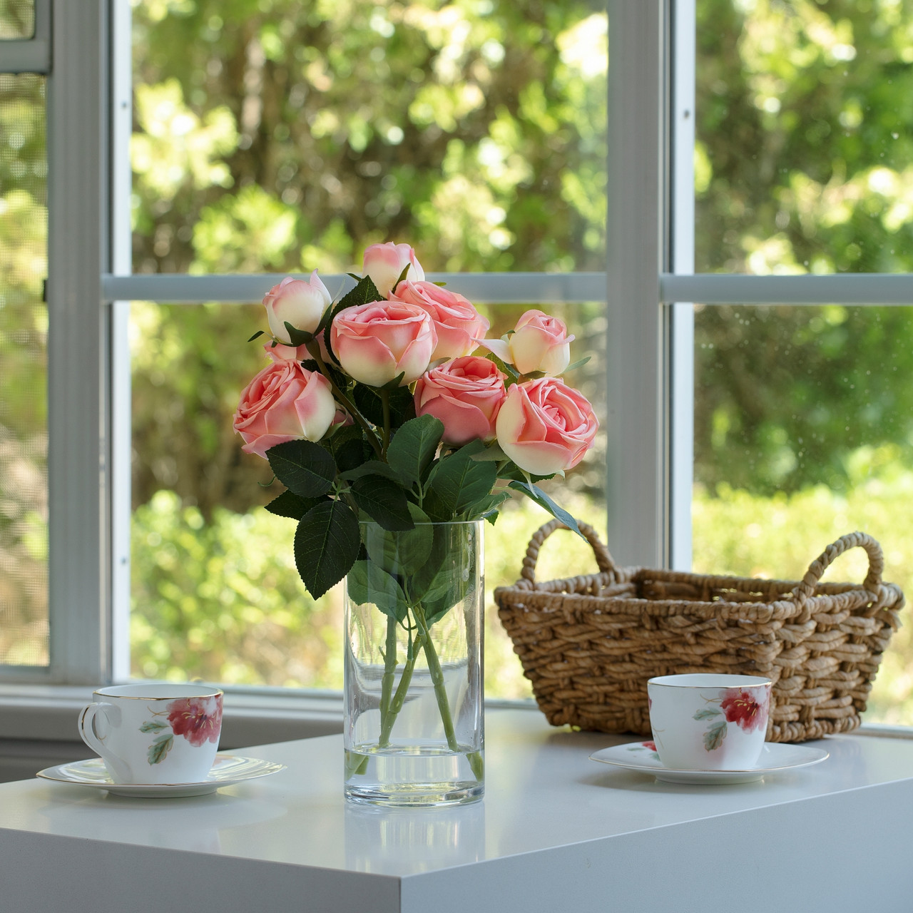 13" Artificial Silk Rose Flowers in Glass Vase with Faux Water (New) — Available in 6 Colors