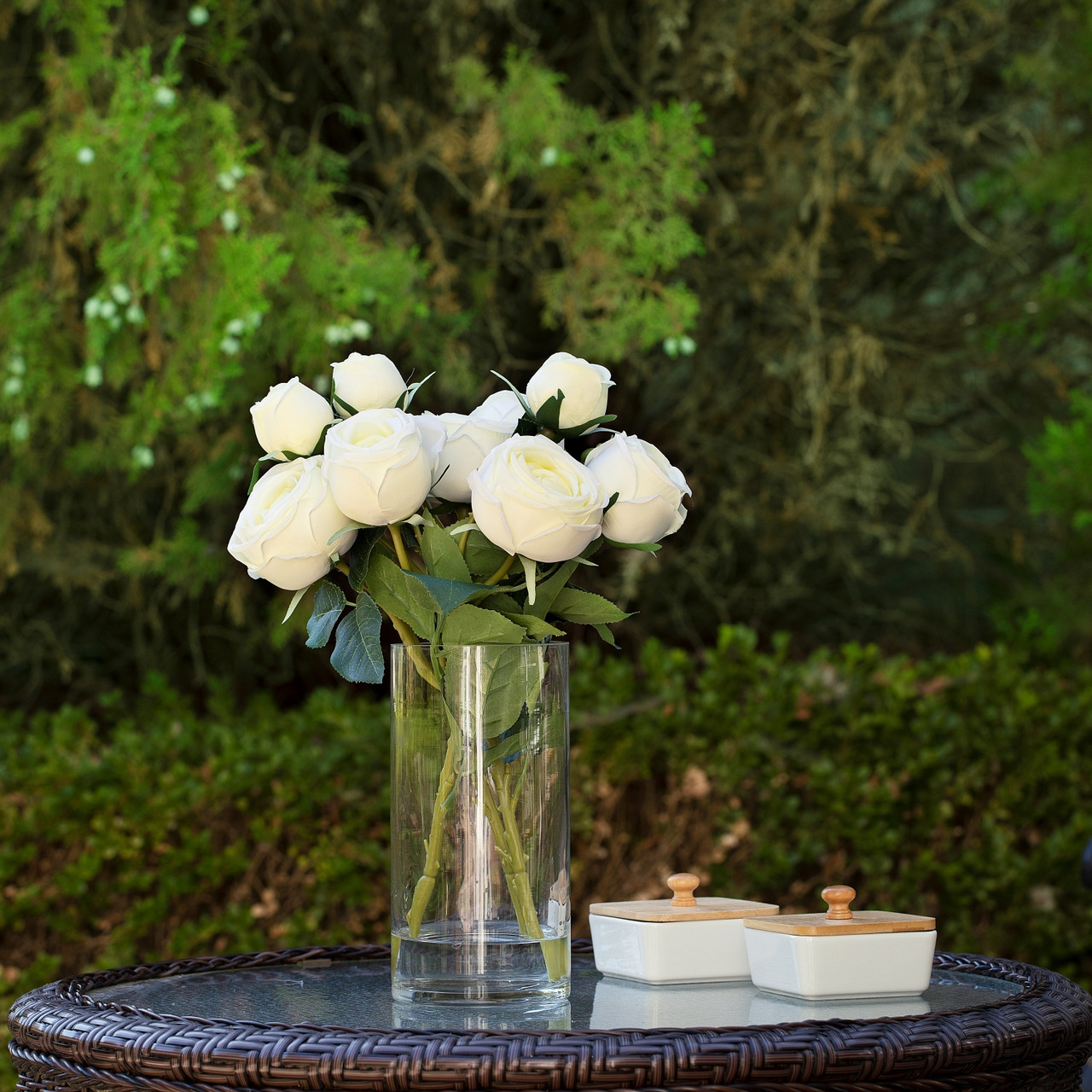 13" Artificial Silk Rose Flowers in Glass Vase with Faux Water (New) — Available in 6 Colors
