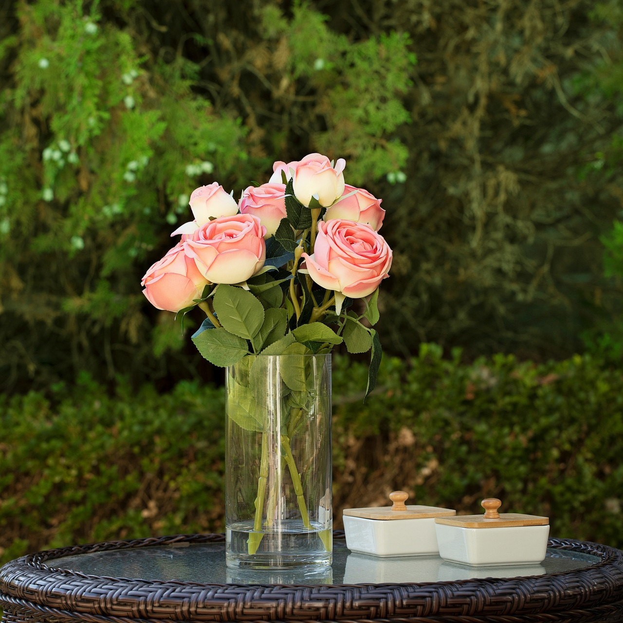 13" Artificial Silk Rose Flowers in Glass Vase with Faux Water (New) — Available in 6 Colors