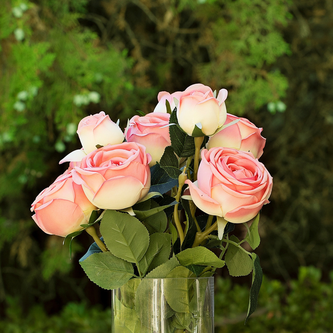 13" Artificial Silk Rose Flowers in Glass Vase with Faux Water (New) — Available in 6 Colors