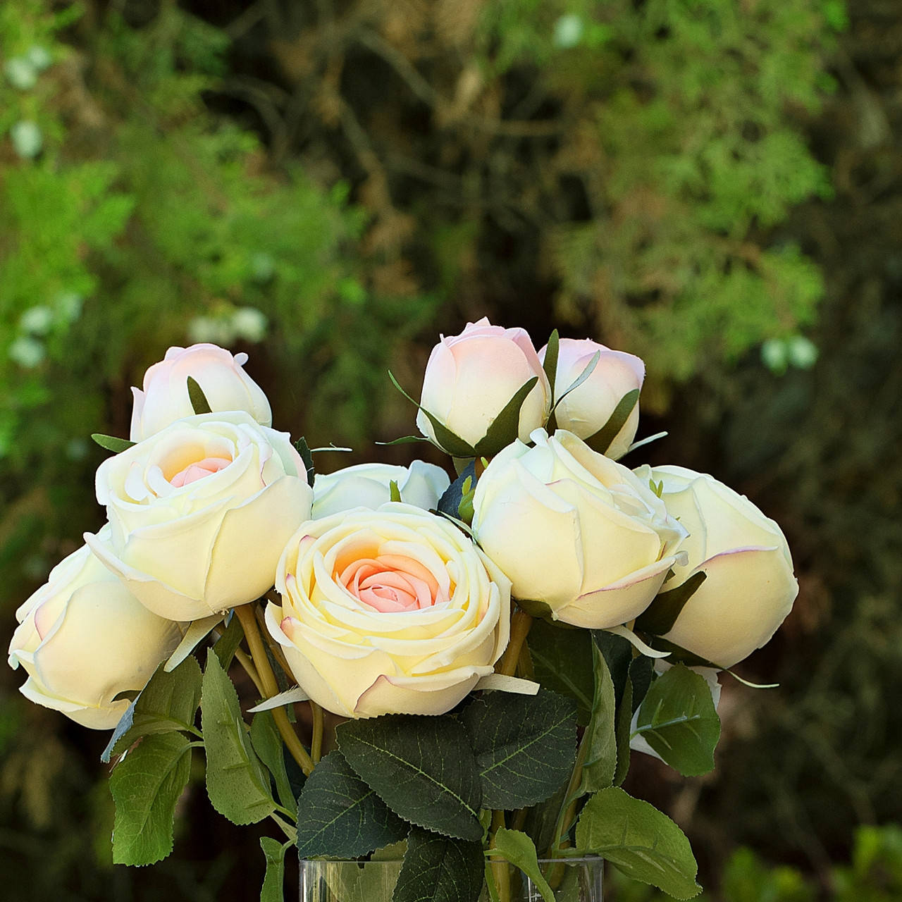 13" Artificial Silk Rose Flowers in Glass Vase with Faux Water (New) — Available in 6 Colors