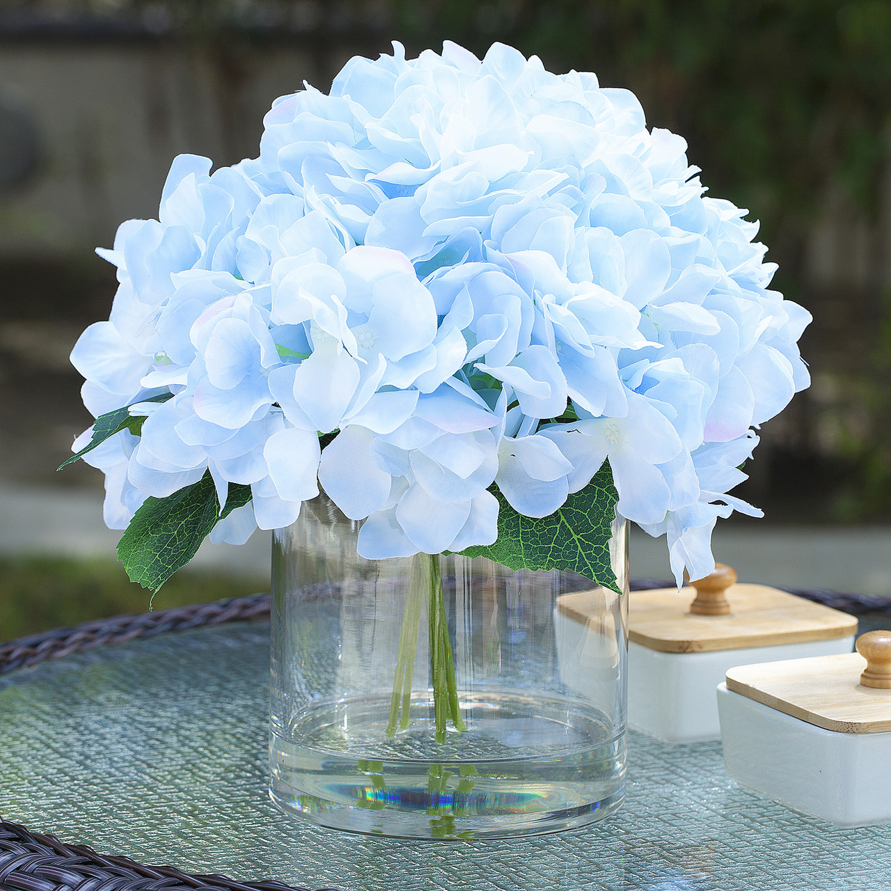 Large Artificial Hydrangea Flowers Arrangement in Clear Glass Vase (New) — Available in 5 Colors