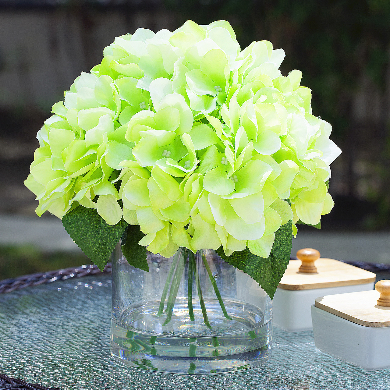 Large Artificial Hydrangea Flowers Arrangement in Clear Glass Vase (New) — Available in 5 Colors