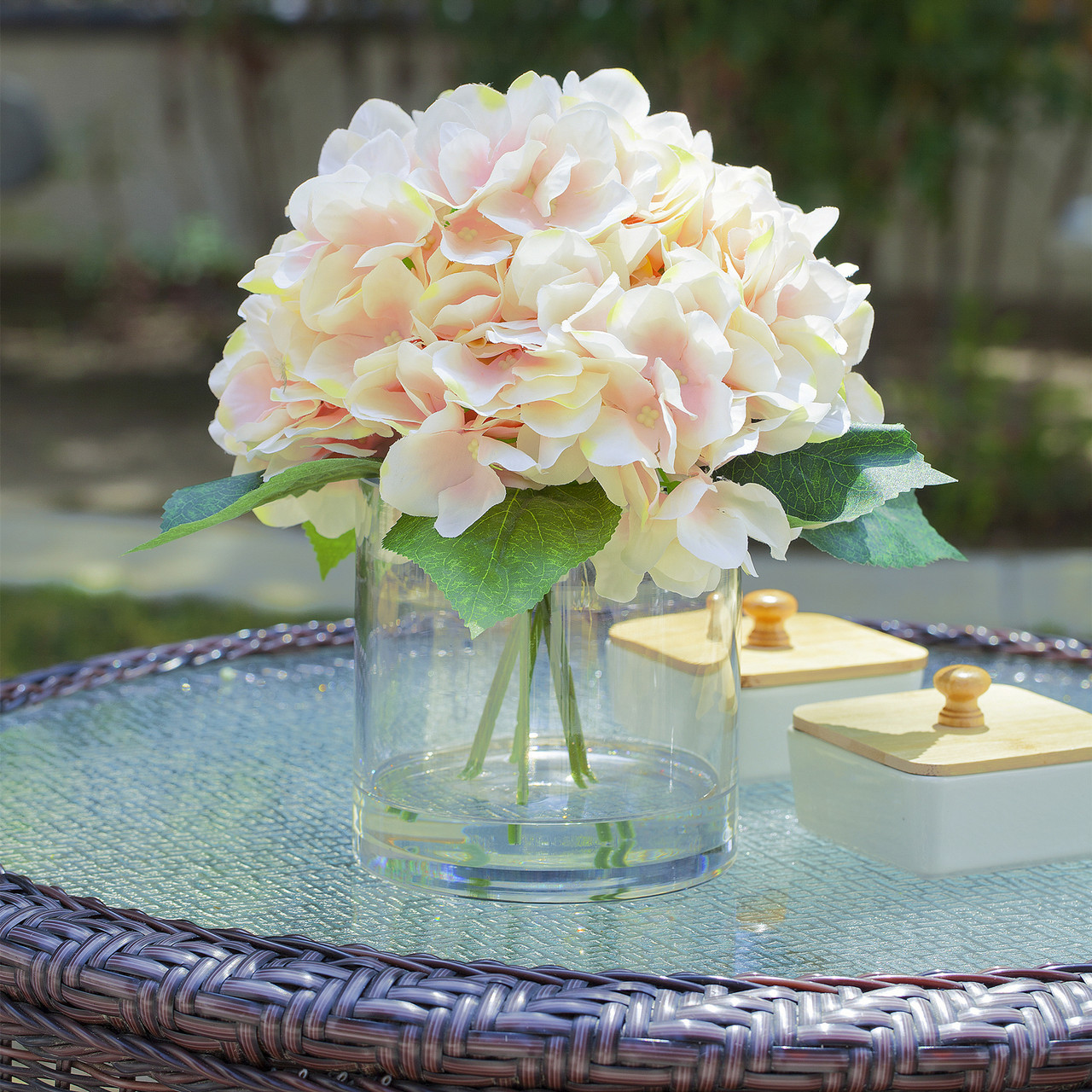 Large Artificial Hydrangea Flowers Arrangement in Clear Glass Vase (New) — Available in 5 Colors