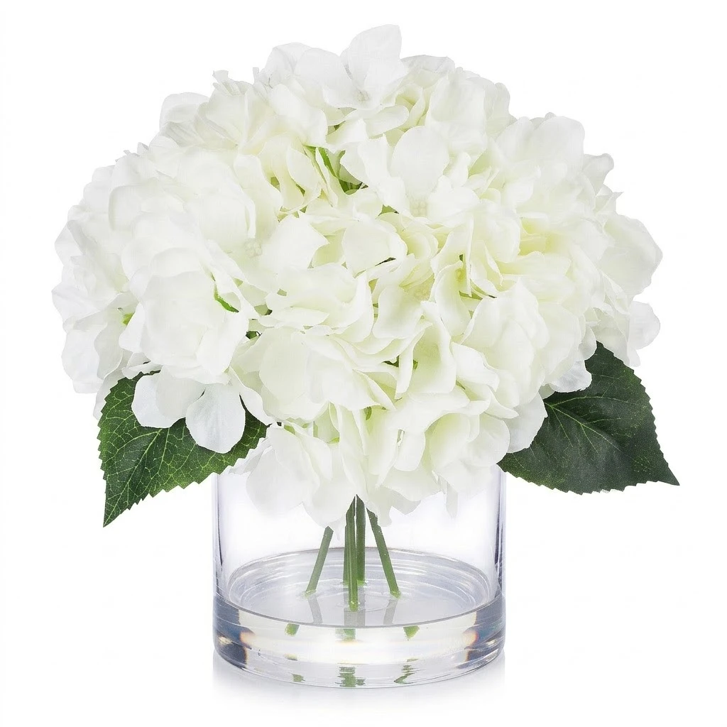 Large Artificial Hydrangea Flowers Arrangement in Clear Glass Vase (New) — Available in 5 Colors