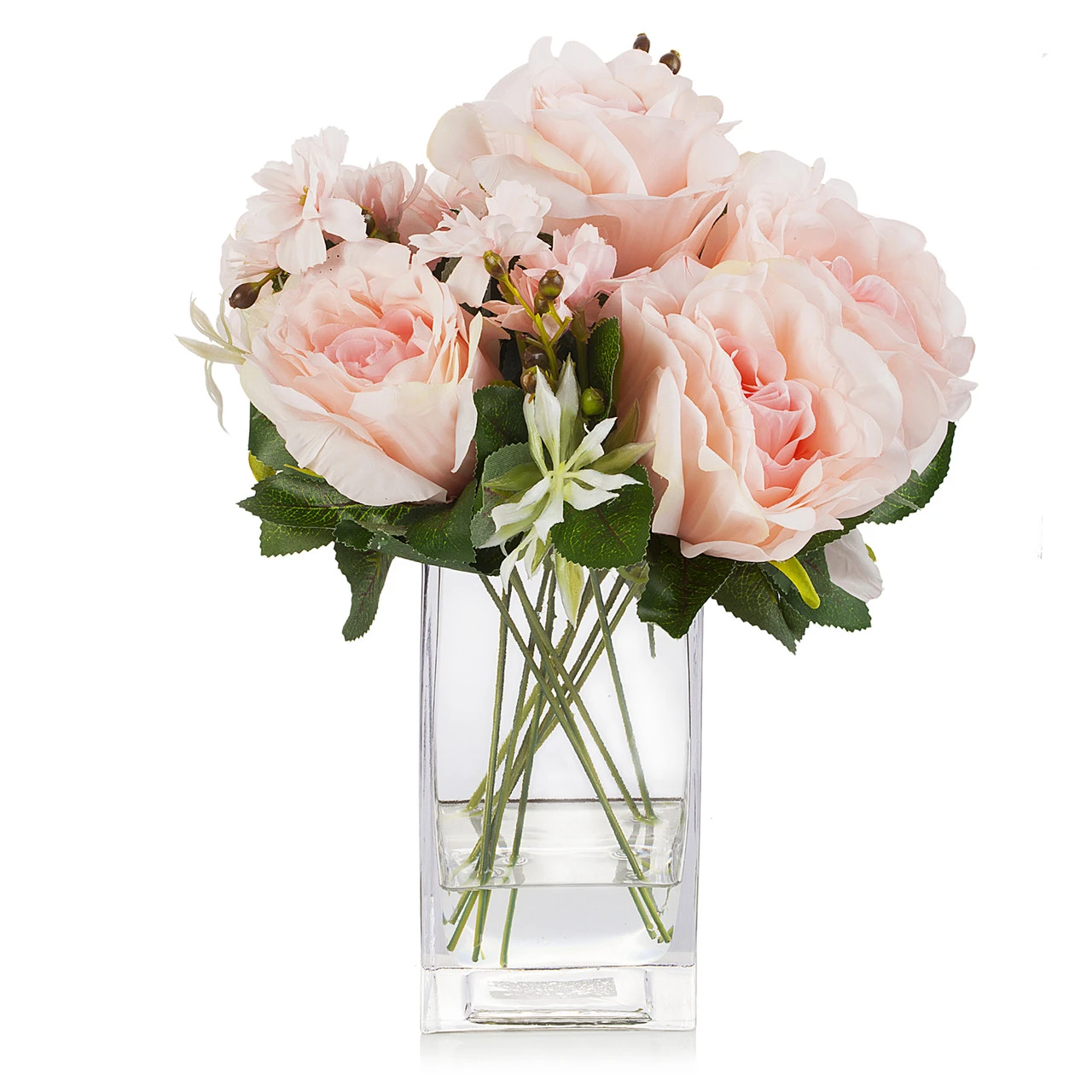 Artificial Silk Rose Flower in Clear Glass Vase With Faux Water (New) — Available in 3 Colors