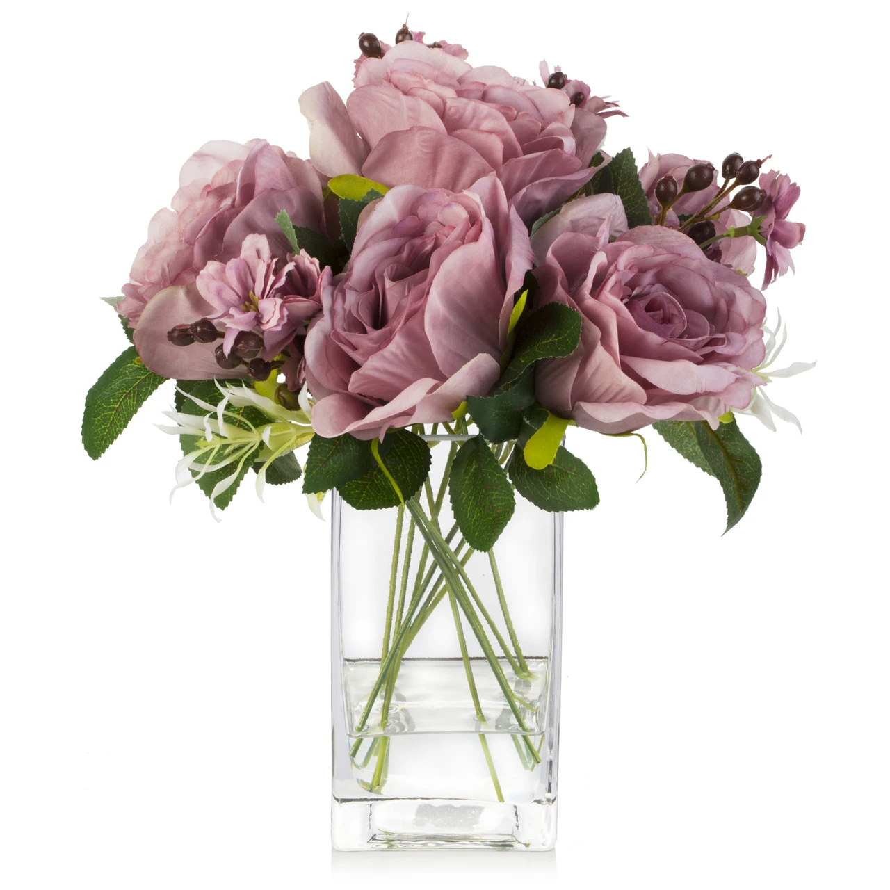 Artificial Silk Rose Flower in Clear Glass Vase With Faux Water (New) — Available in 3 Colors