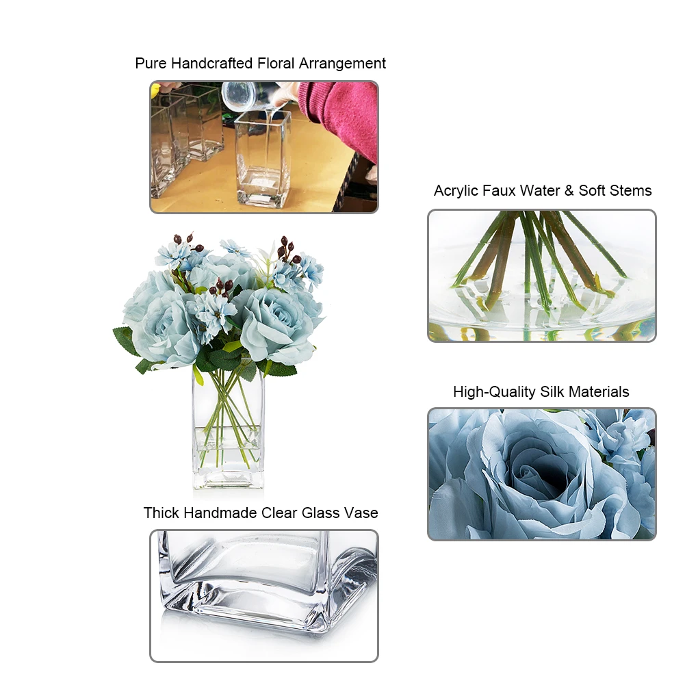 Artificial Silk Rose Flower in Clear Glass Vase With Faux Water (New) — Available in 3 Colors