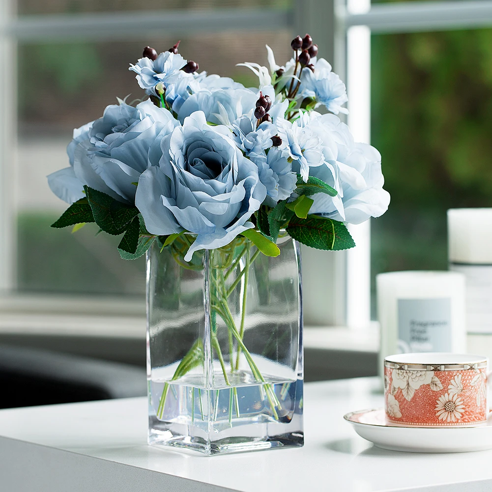 Artificial Silk Rose Flower in Clear Glass Vase With Faux Water (New) — Available in 3 Colors