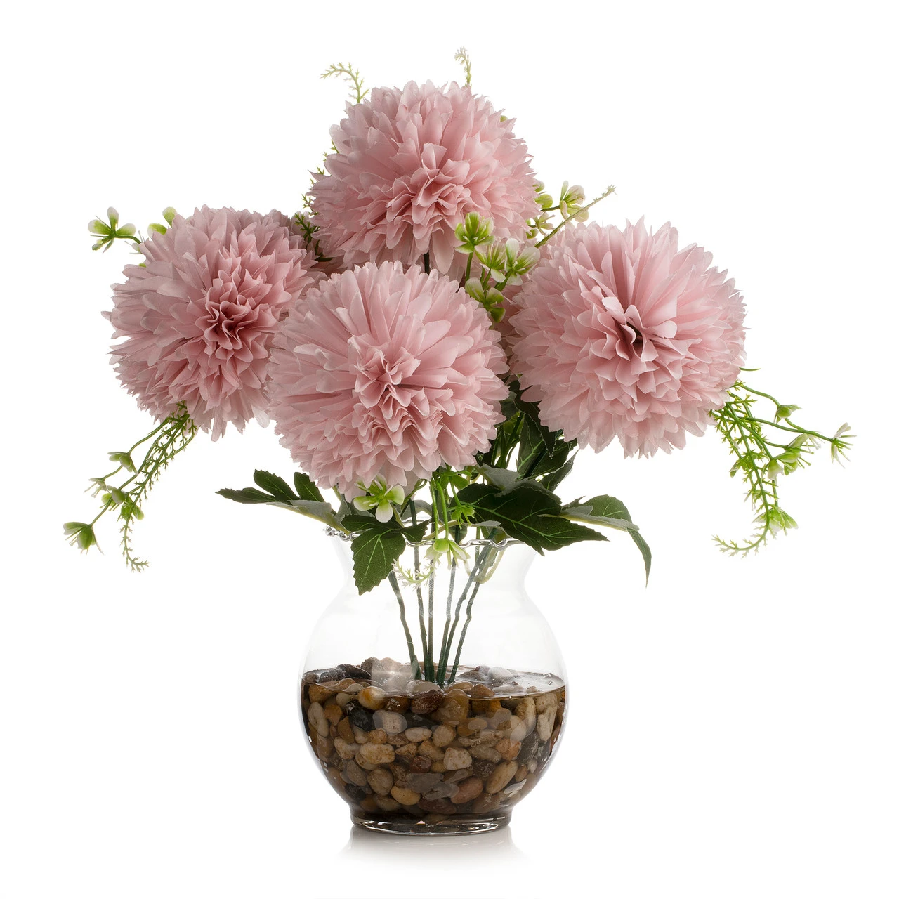 13" Silk Marigold Flowers in Glass Vase with Faux Water and River Stone — Available in 3 Colors