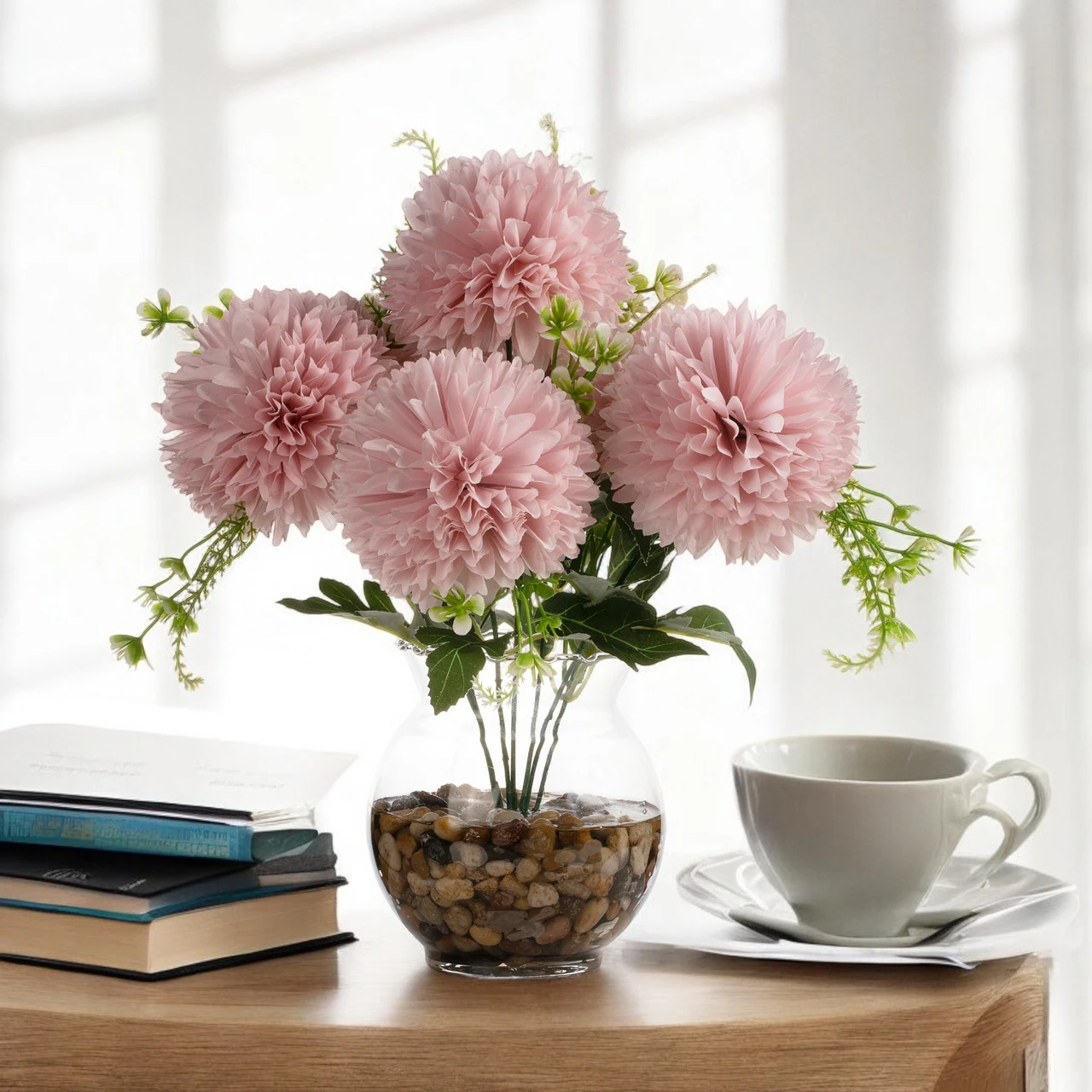 13" Silk Marigold Flowers in Glass Vase with Faux Water and River Stone — Available in 3 Colors