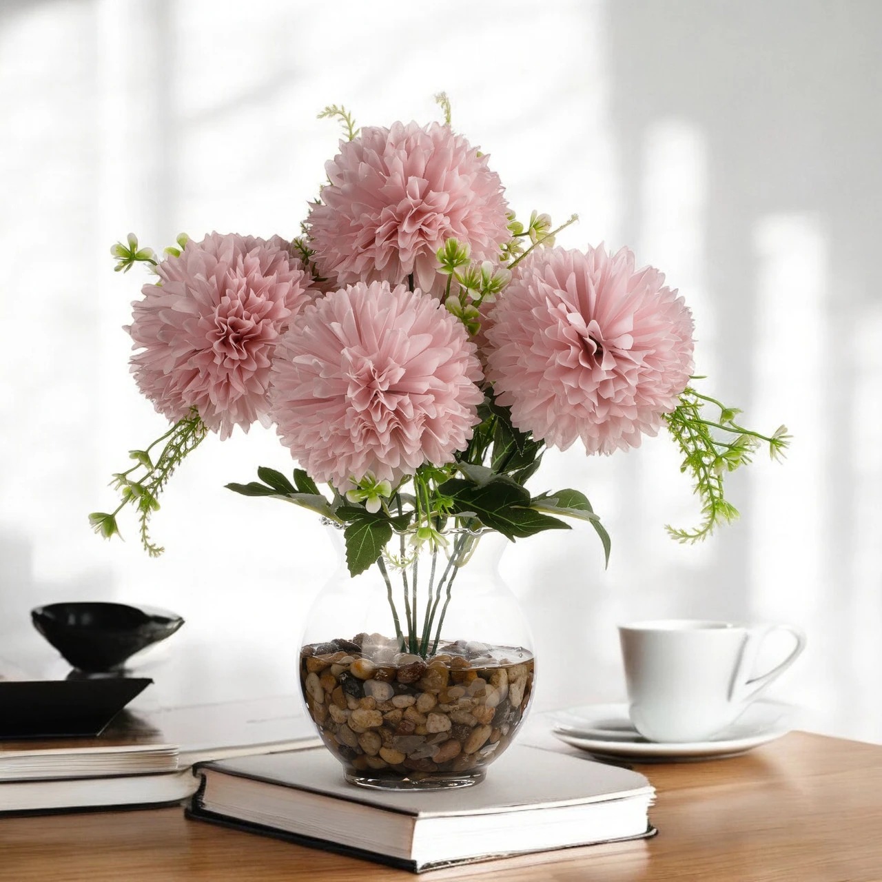 13" Silk Marigold Flowers in Glass Vase with Faux Water and River Stone — Available in 3 Colors