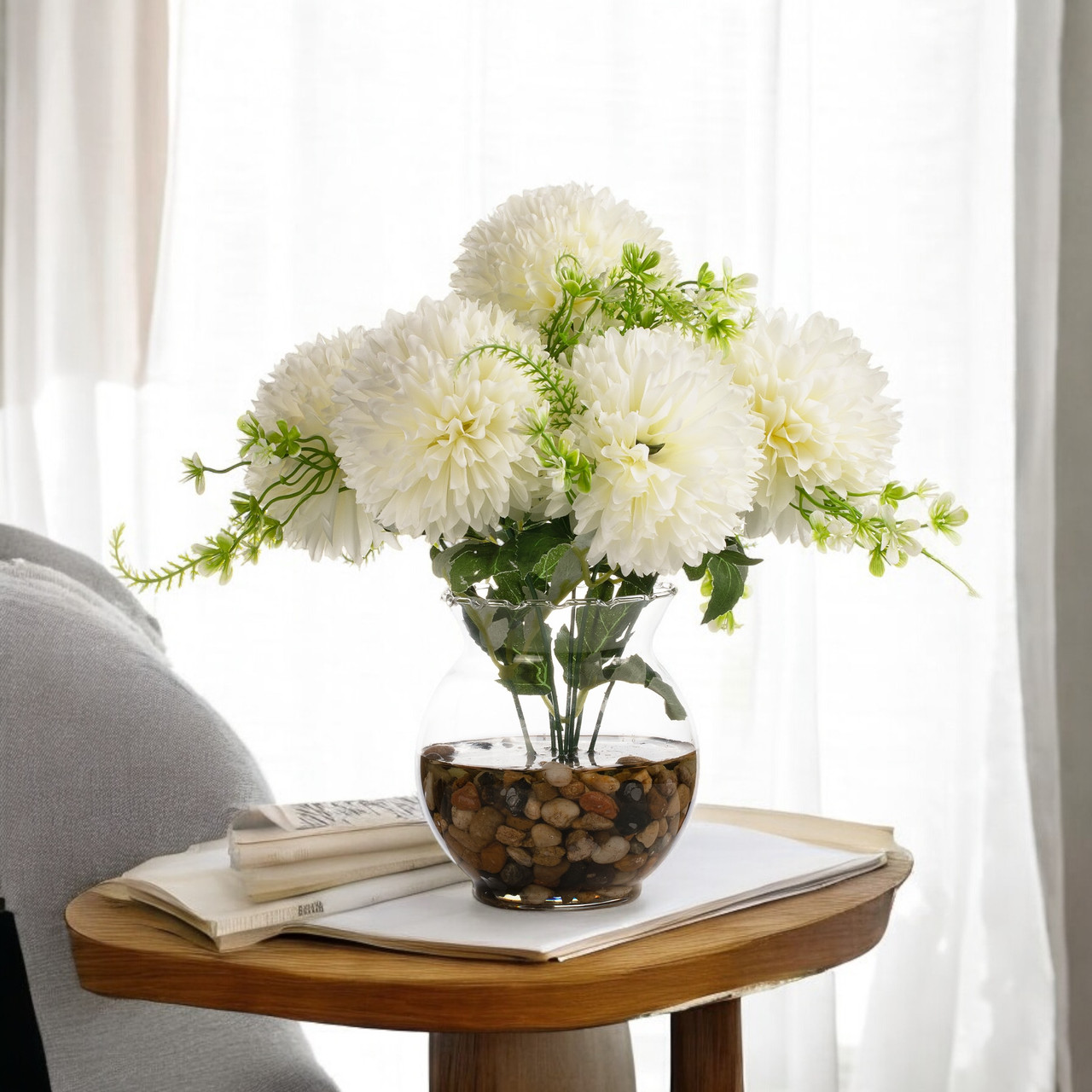 13" Silk Marigold Flowers in Glass Vase with Faux Water and River Stone — Available in 3 Colors