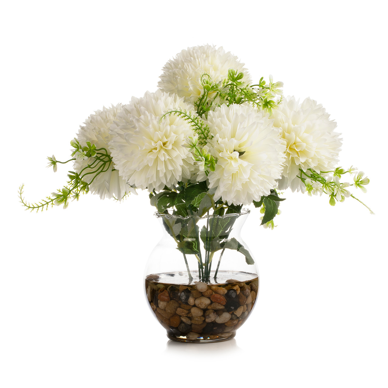 13" Silk Marigold Flowers in Glass Vase with Faux Water and River Stone — Available in 3 Colors
