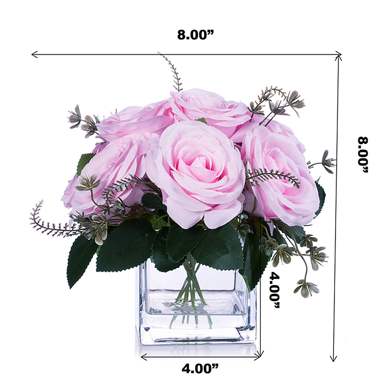 9 Heads Artificial Silk Rose Flowers in Clear Glass Vase With Faux Water (New) — Available in 3 Colors
