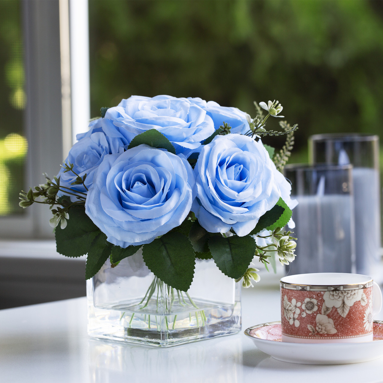 9 Heads Artificial Silk Rose Flowers in Clear Glass Vase With Faux Water (New) — Available in 3 Colors