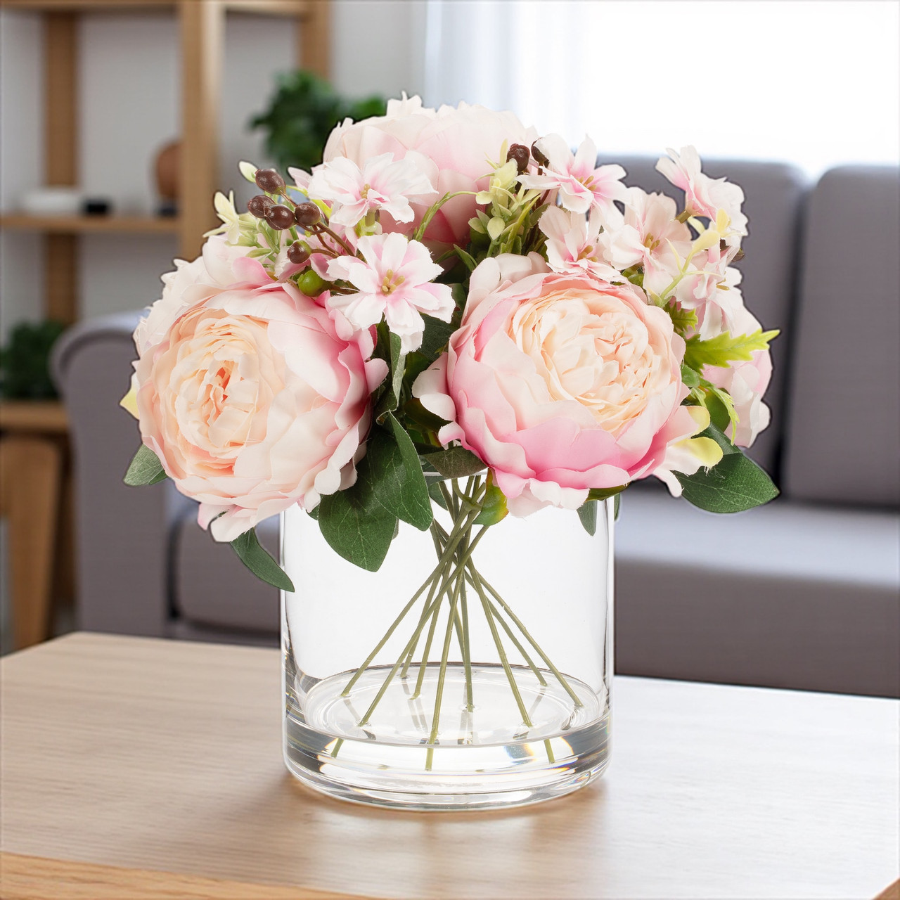 Mixed Artificial Peony Flower Arrangement in Glass Vase with Faux Water (New) — Available in 5 Colors