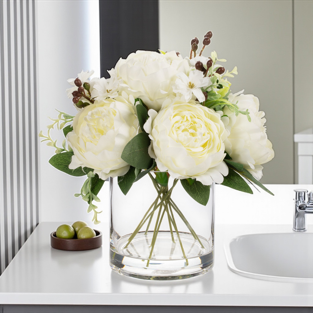 Mixed Artificial Peony Flower Arrangement in Glass Vase with Faux Water (New) — Available in 5 Colors