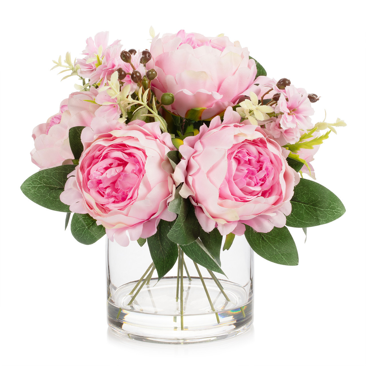 Mixed Artificial Peony Flower Arrangement in Glass Vase with Faux Water (New) — Available in 5 Colors