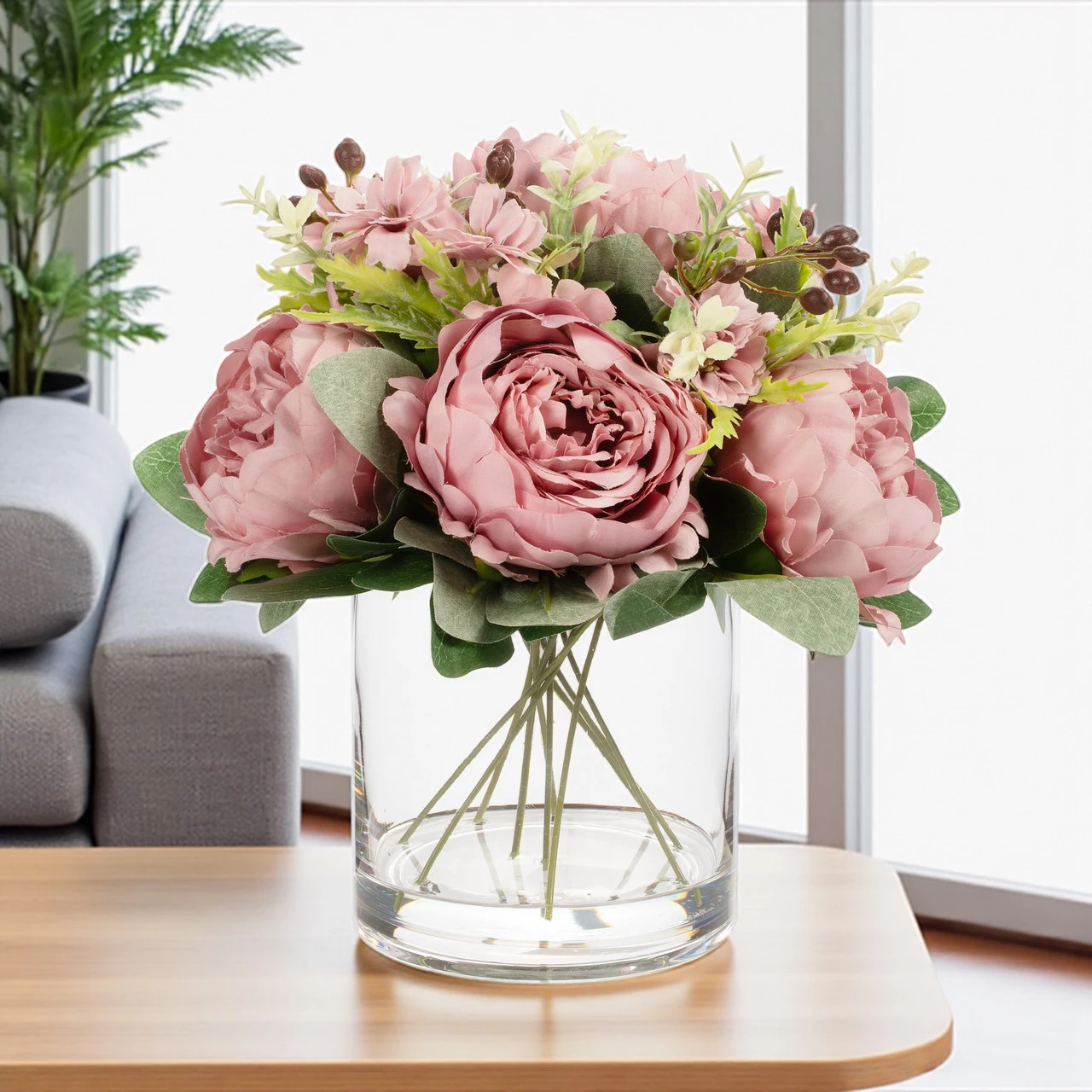 Mixed Artificial Peony Flower Arrangement in Glass Vase with Faux Water (New) — Available in 5 Colors