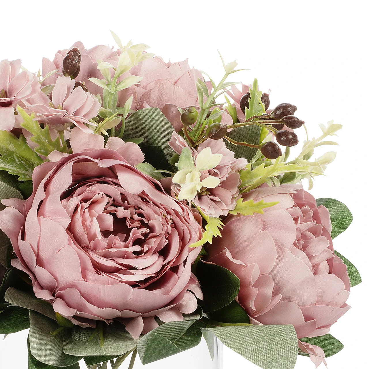 Mixed Artificial Peony Flower Arrangement in Glass Vase with Faux Water (New) — Available in 5 Colors
