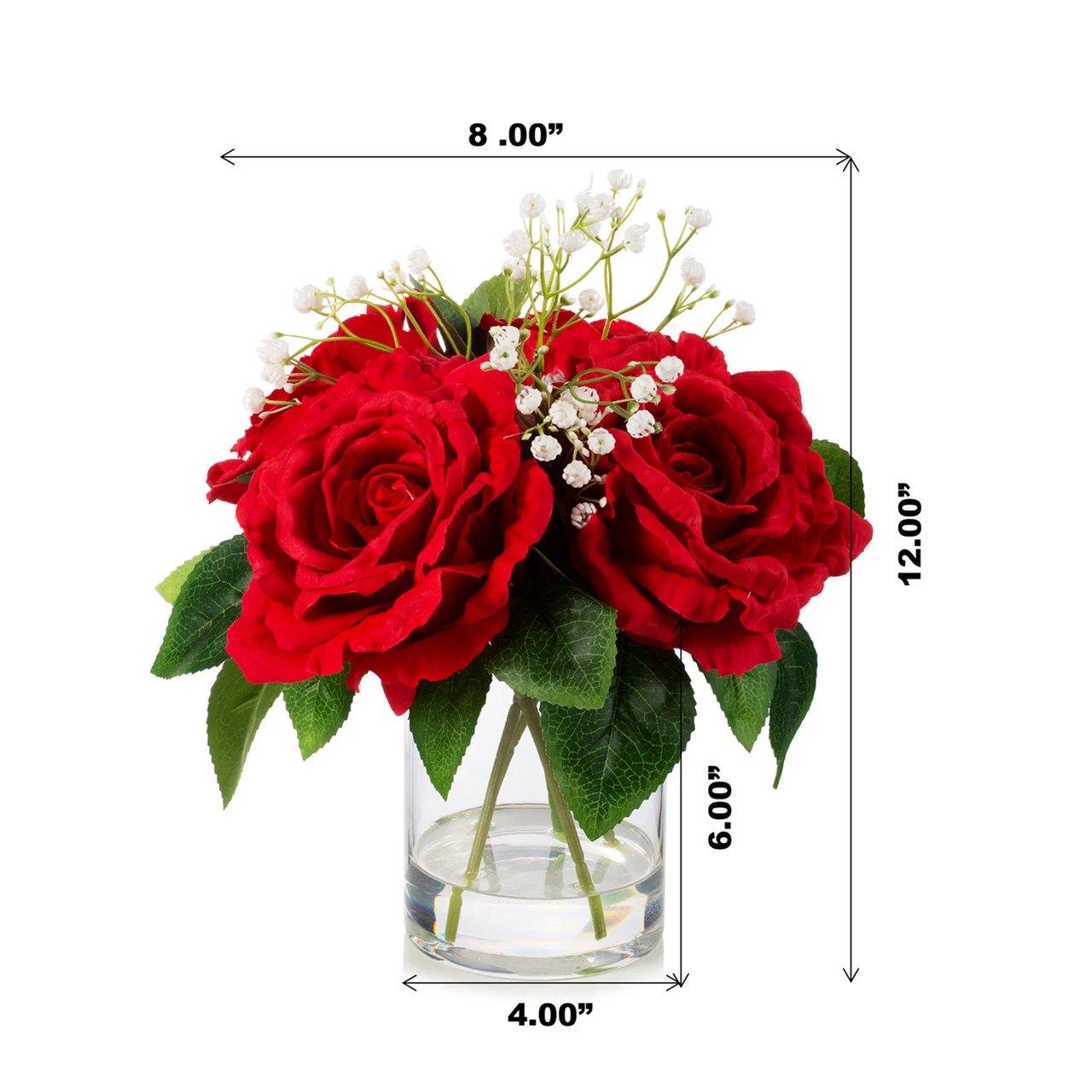 4 Large Silk Rose Flowers in Clear Glass Vase With Faux Water (New) — Available in 5 Colors