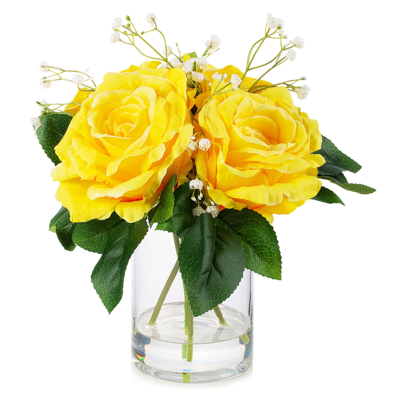 4 Large Silk Rose Flowers in Clear Glass Vase With Faux Water (New) — Available in 4 Colors