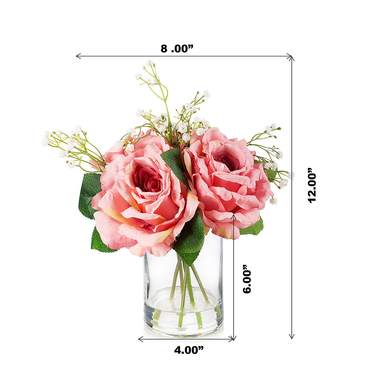 4 Large Silk Rose Flowers in Clear Glass Vase With Faux Water (New) — Available in 5 Colors