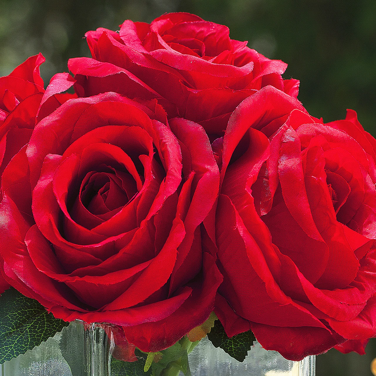7 Stems Large  Artificial Roses Flower Arrangement in Cube Glass Vase (New) — Available in 3 Colors