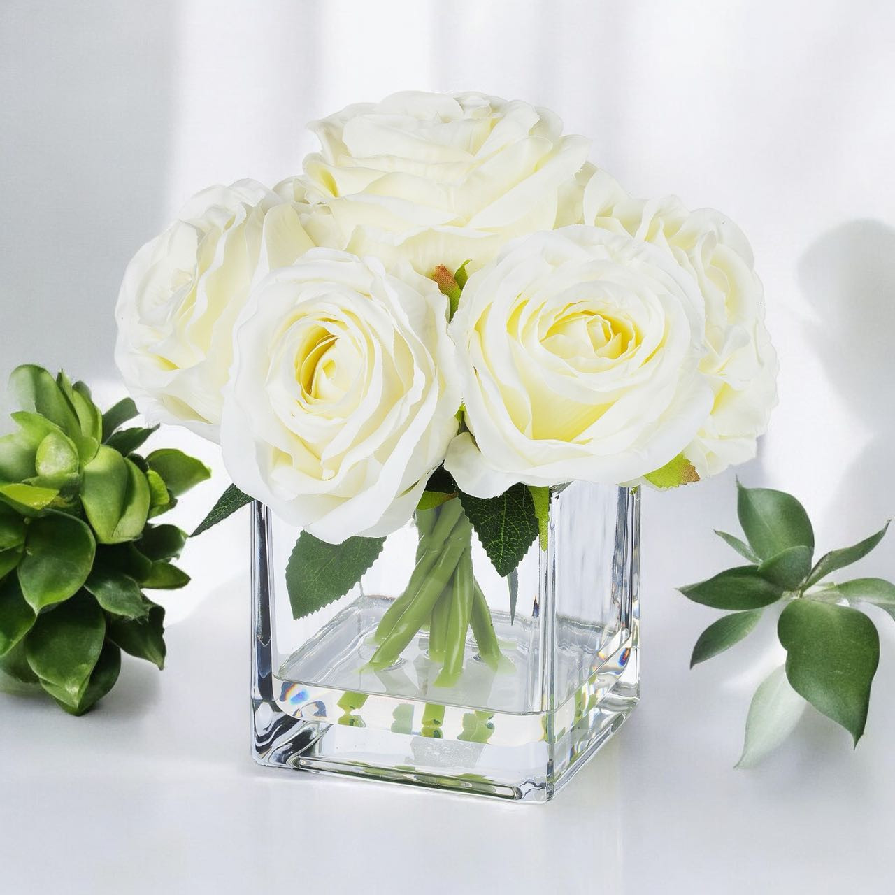 7 Stems Large  Artificial Roses Flower Arrangement in Cube Glass Vase (New) — Available in 3 Colors