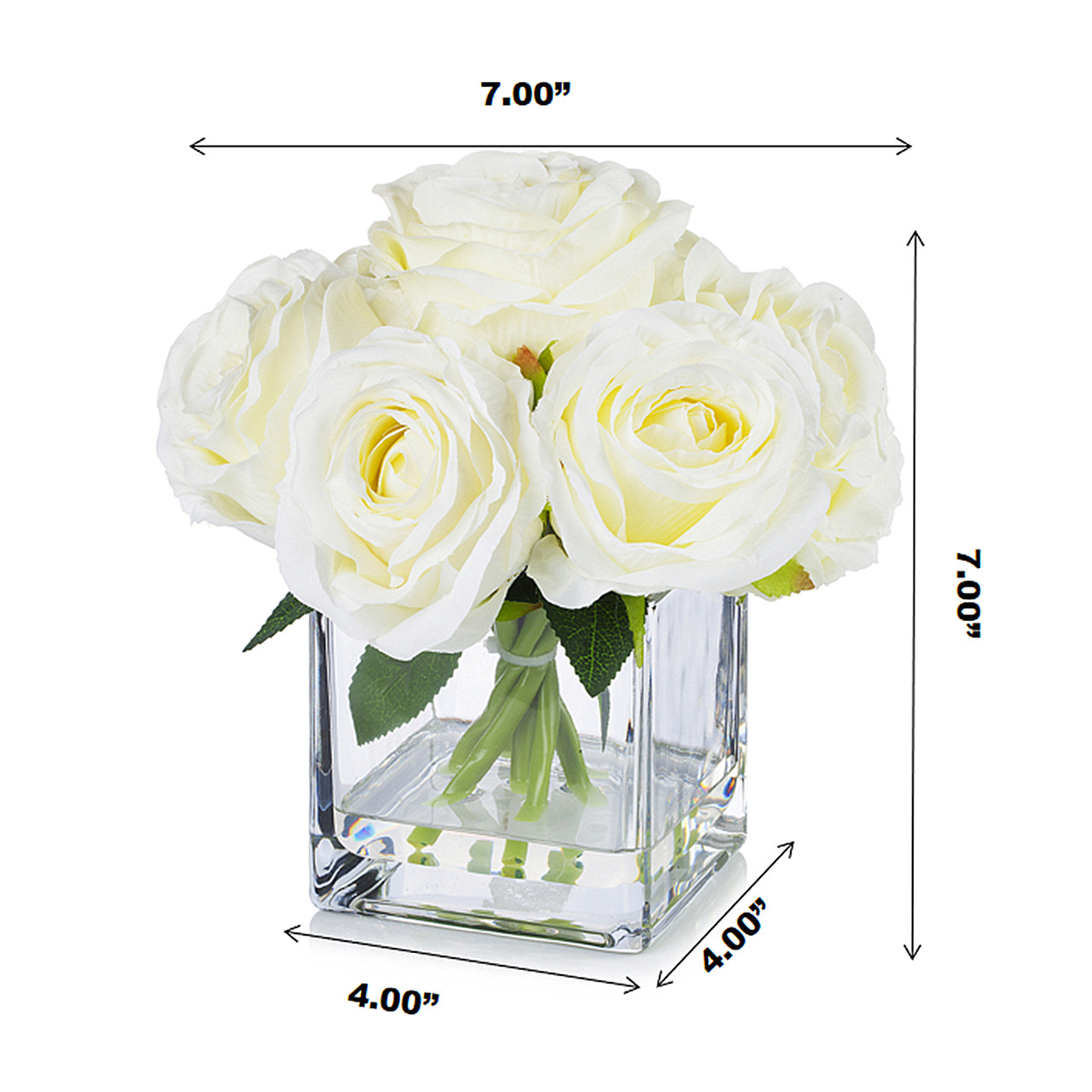 7 Stems Large  Artificial Roses Flower Arrangement in Cube Glass Vase (New) — Available in 3 Colors