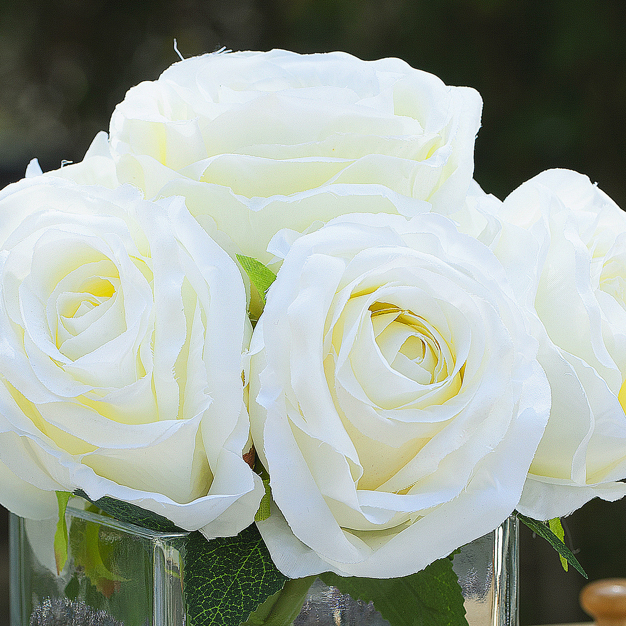 7 Stems Large  Artificial Roses Flower Arrangement in Cube Glass Vase (New) — Available in 3 Colors