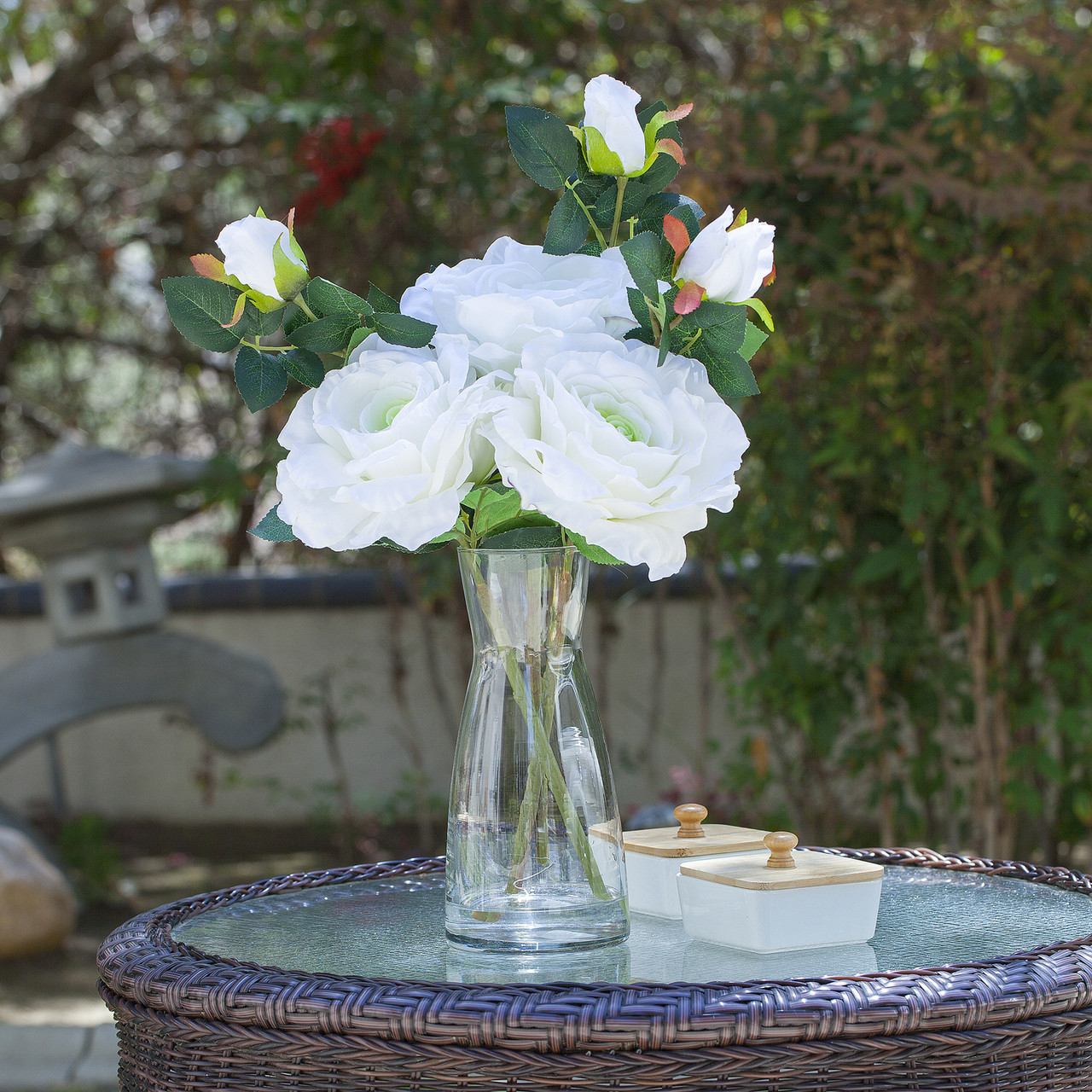 3 Large Stems Artificial Roses Flower in Clear Glass Vase With Faux Water (New) — Available in 4 Colors